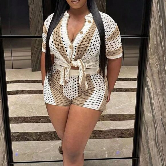 Apricot Casual Women's Button Front Pointelle Knit Cardigan & Knit Shorts - Picture 4 of 4